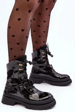 Damskie Lakierowane Botki Workery Na Platformie Czarne Nahili