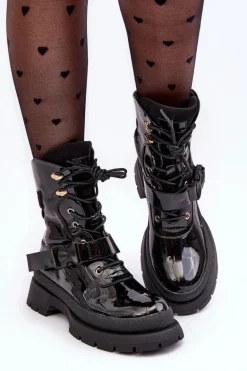 Damskie Lakierowane Botki Workery Na Platformie Czarne Nahili