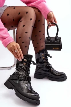 Damskie Lakierowane Botki Workery Na Platformie Czarne Nahili