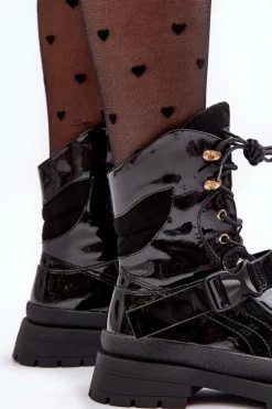 Damskie Lakierowane Botki Workery Na Platformie Czarne Nahili