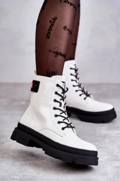 Damskie Lakierowane Botki Workery Sznurowane Białe Conny