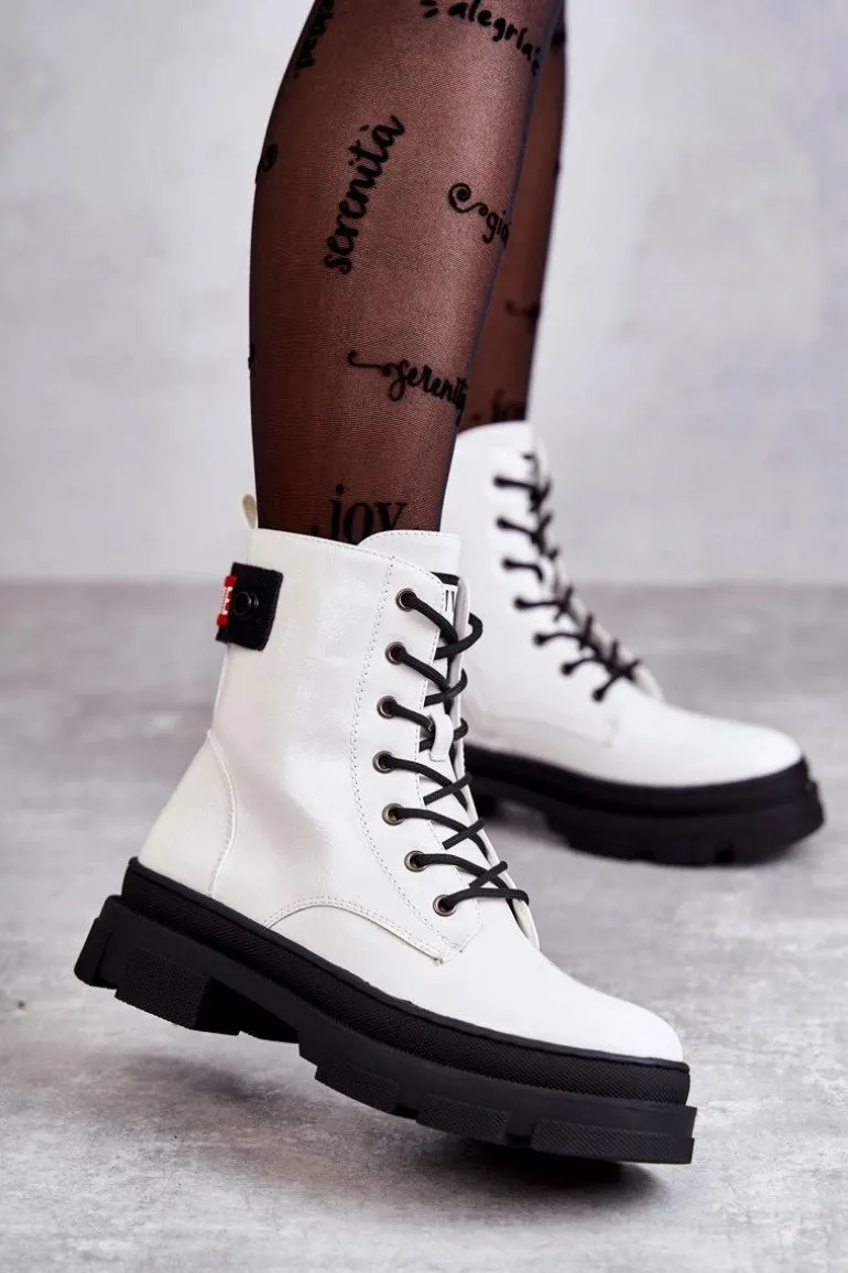 Damskie Lakierowane Botki Workery Sznurowane Białe Conny