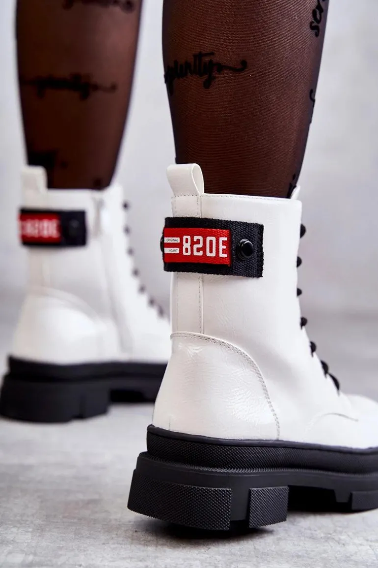 Damskie Lakierowane Botki Workery Sznurowane Białe Conny