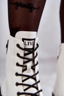 Damskie Lakierowane Botki Workery Sznurowane Białe Conny