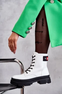 Damskie Lakierowane Botki Workery Sznurowane Białe Conny