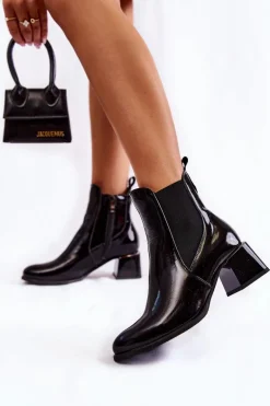 Damskie Lakierowane Botki Na Obcasie Czarne Lemar Berit