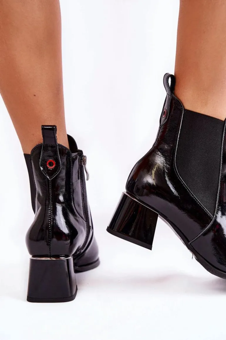 Damskie Lakierowane Botki Na Obcasie Czarne Lemar Berit