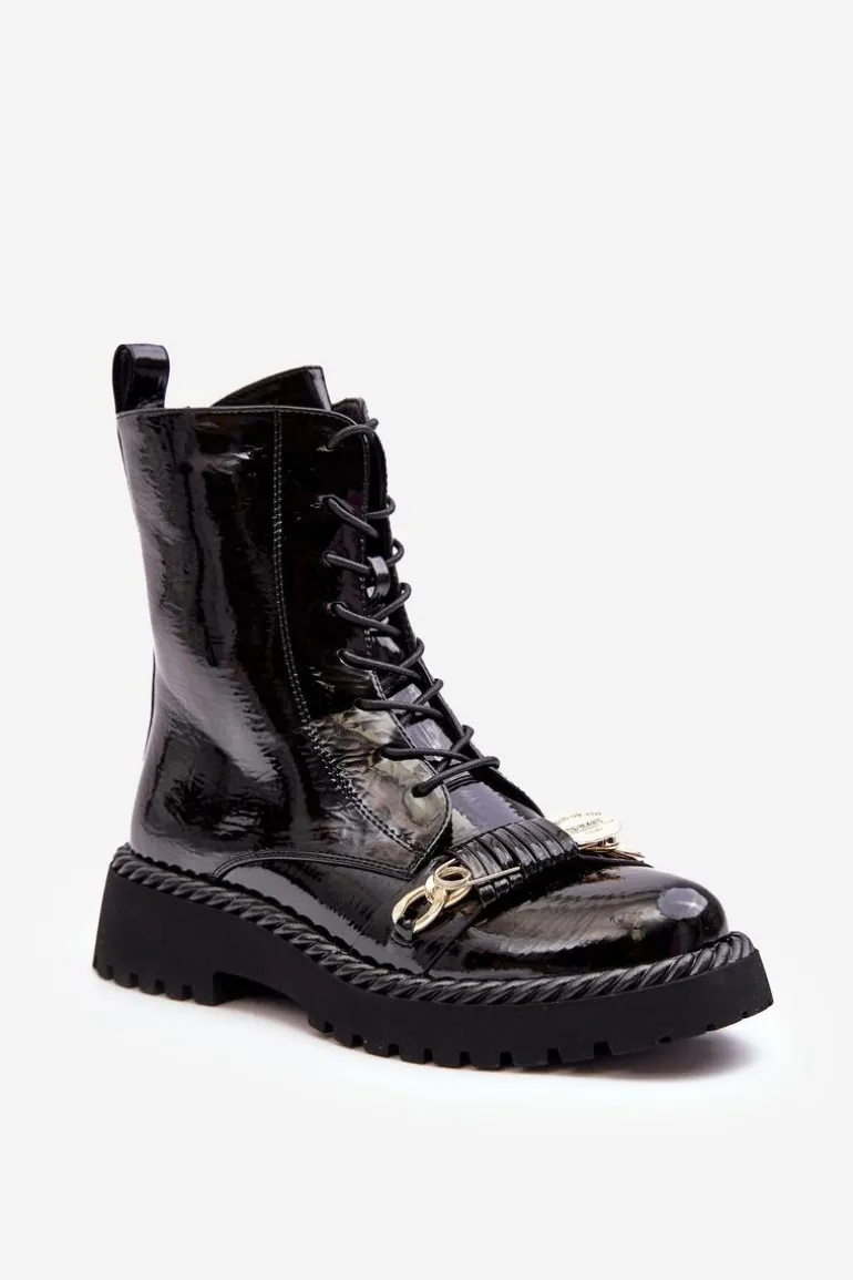 Damskie Lakierowane Botki Workery Z Ozdobą Czarne S.Barski MR870-67