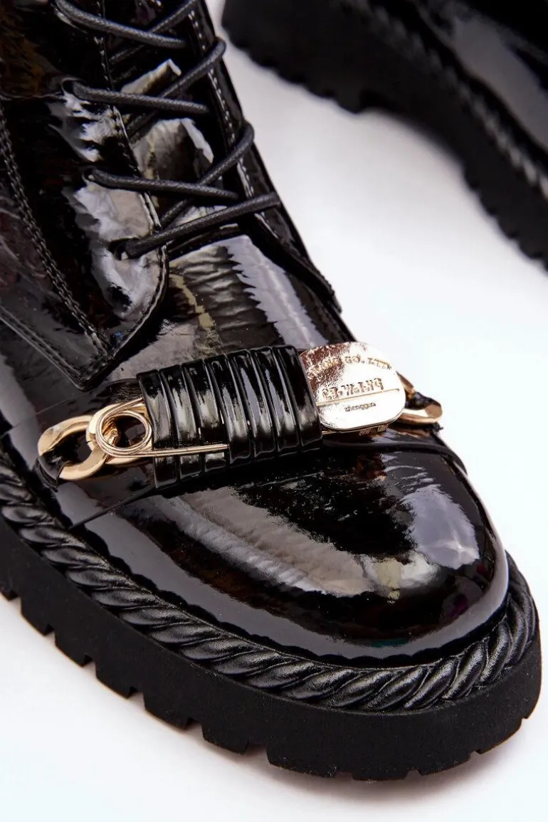 Damskie Lakierowane Botki Workery Z Ozdobą Czarne S.Barski MR870-67