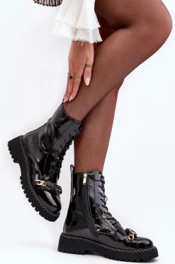 Damskie Lakierowane Botki Workery Z Ozdobą Czarne S.Barski MR870-67