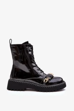 Damskie Lakierowane Botki Workery Z Ozdobą Czarne S.Barski MR870-67