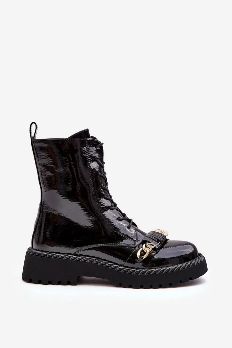 Damskie Lakierowane Botki Workery Z Ozdobą Czarne S.Barski MR870-67