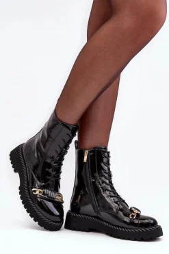 Damskie Lakierowane Botki Workery Z Ozdobą Czarne S.Barski MR870-67