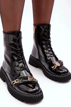 Damskie Lakierowane Botki Workery Z Ozdobą Czarne S.Barski MR870-67