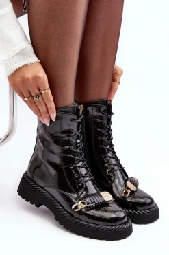 Damskie Lakierowane Botki Workery Z Ozdobą Czarne S.Barski MR870-67