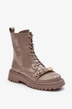 Damskie Lakierowane Botki Workery Z Ozdobą Beżowe S.Barski MR870-67