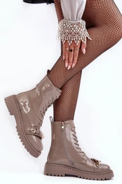 Damskie Lakierowane Botki Workery Z Ozdobą Beżowe S.Barski MR870-67