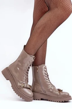 Damskie Lakierowane Botki Workery Z Ozdobą Beżowe S.Barski MR870-67