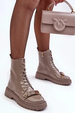 Damskie Lakierowane Botki Workery Z Ozdobą Beżowe S.Barski MR870-67