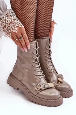 Damskie Lakierowane Botki Workery Z Ozdobą Beżowe S.Barski MR870-67