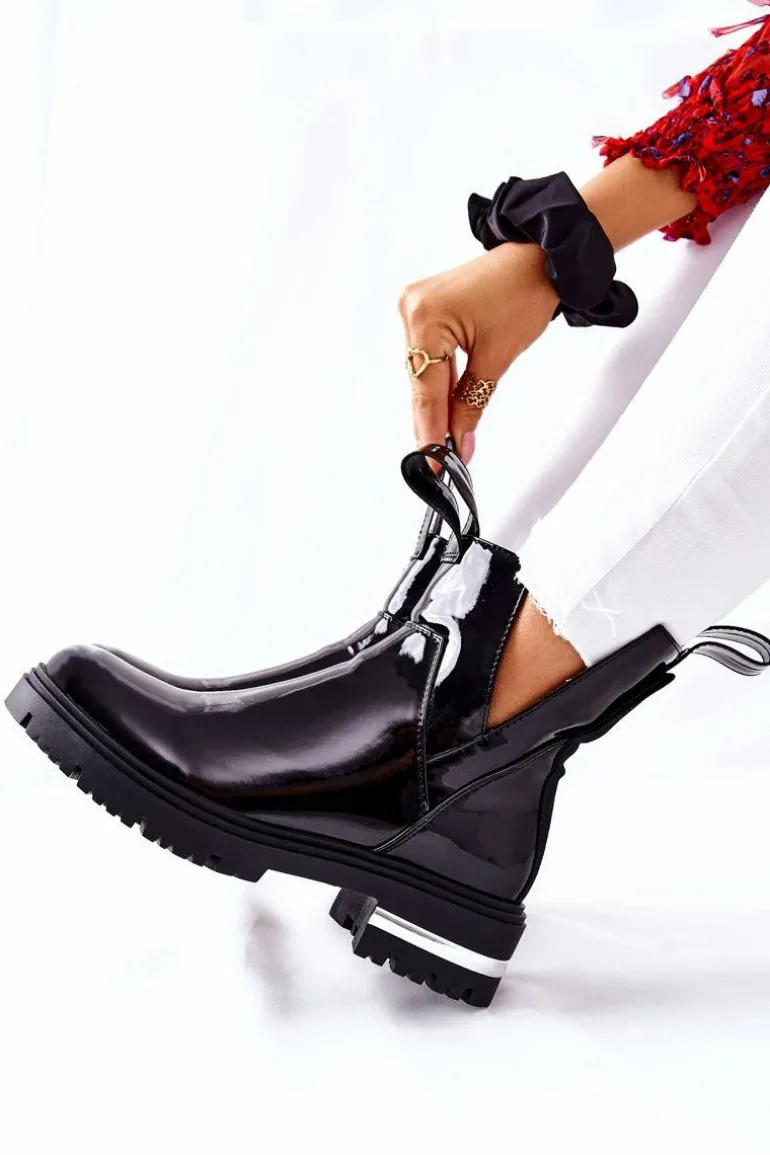 Damskie Lakierowane Botki Z Wycięciami Czarne Melbourne