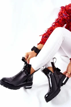 Damskie Lakierowane Botki Z Wycięciami Czarne Melbourne