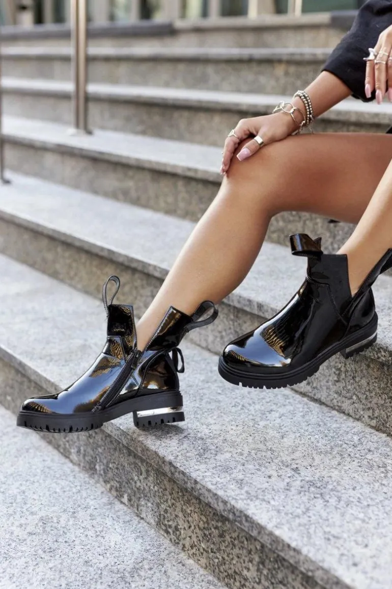 Damskie Lakierowane Botki Z Wycięciami Czarne Melbourne