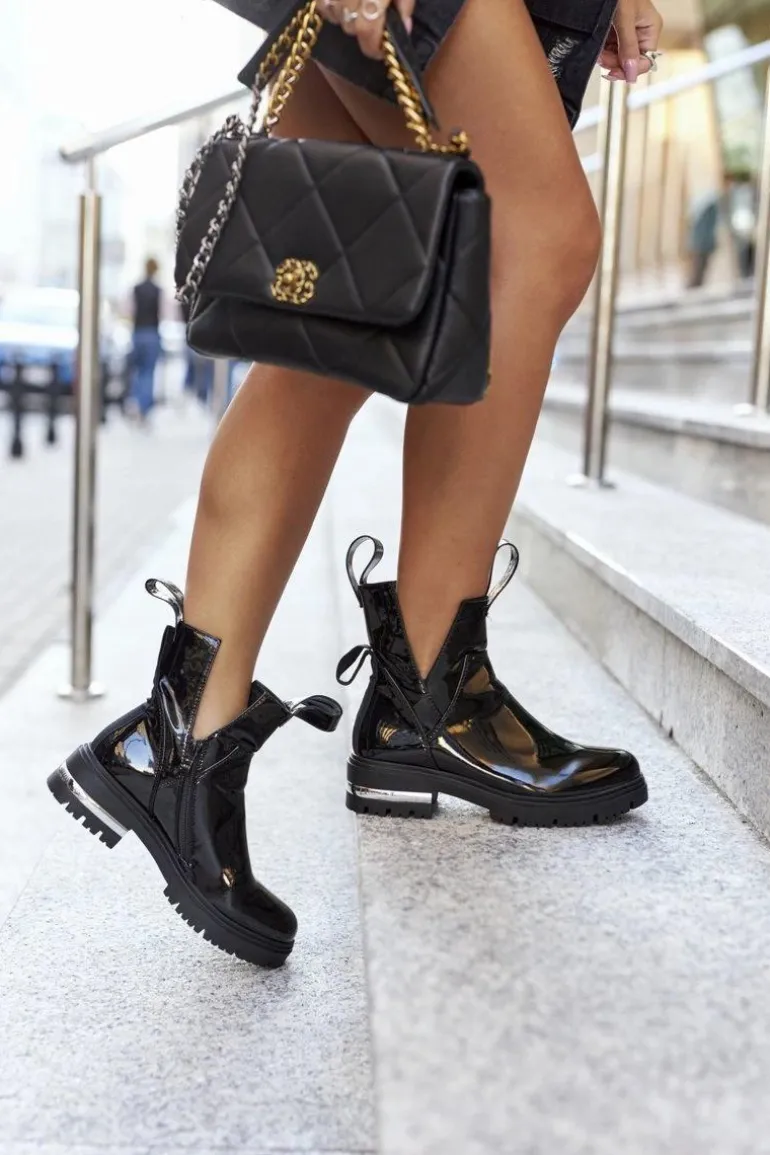 Damskie Lakierowane Botki Z Wycięciami Czarne Melbourne