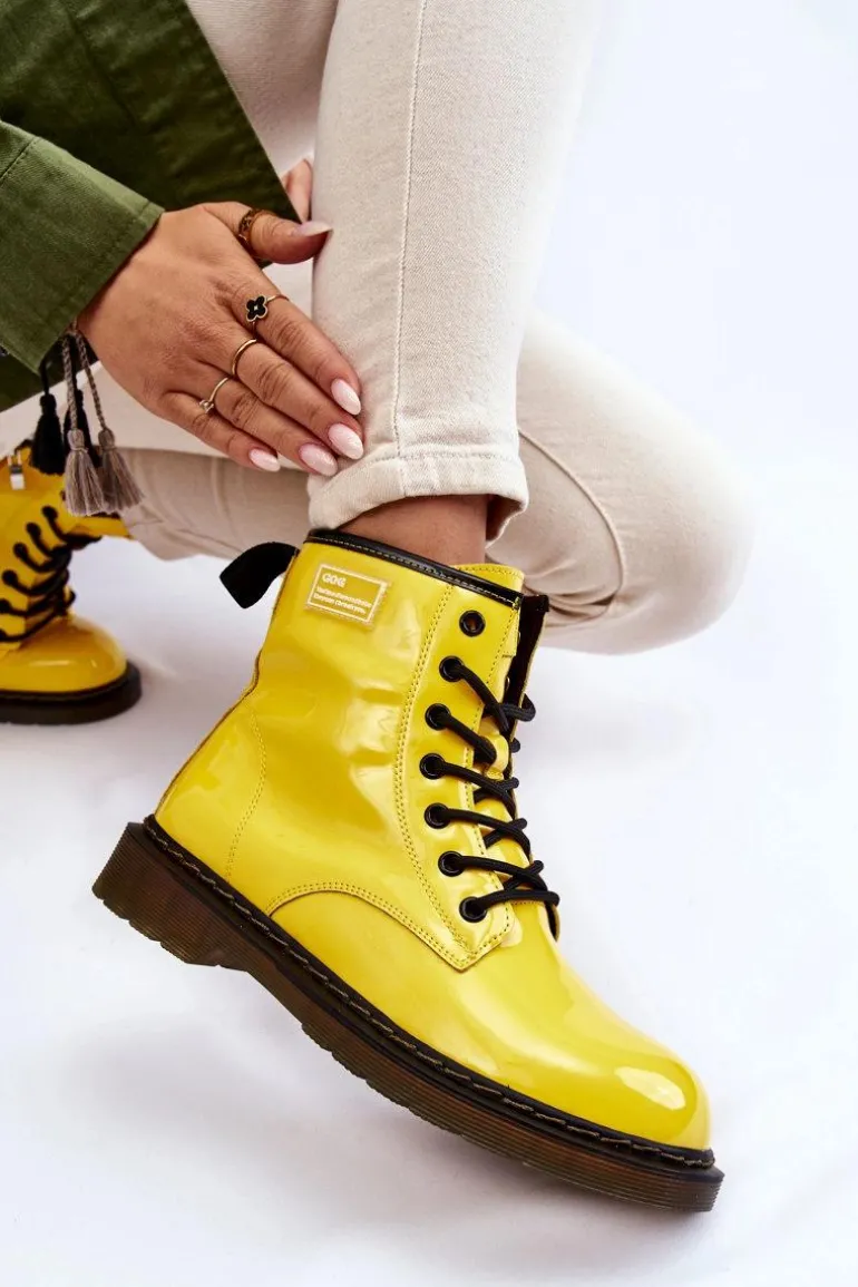 Damskie Lakierowane Botki Ocieplane GOE II2N4054 Żółte