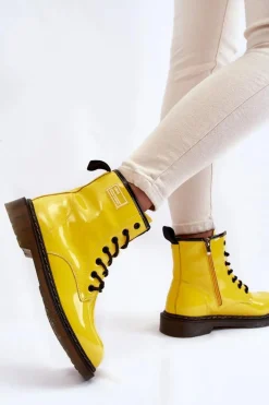 Damskie Lakierowane Botki Ocieplane GOE II2N4054 Żółte