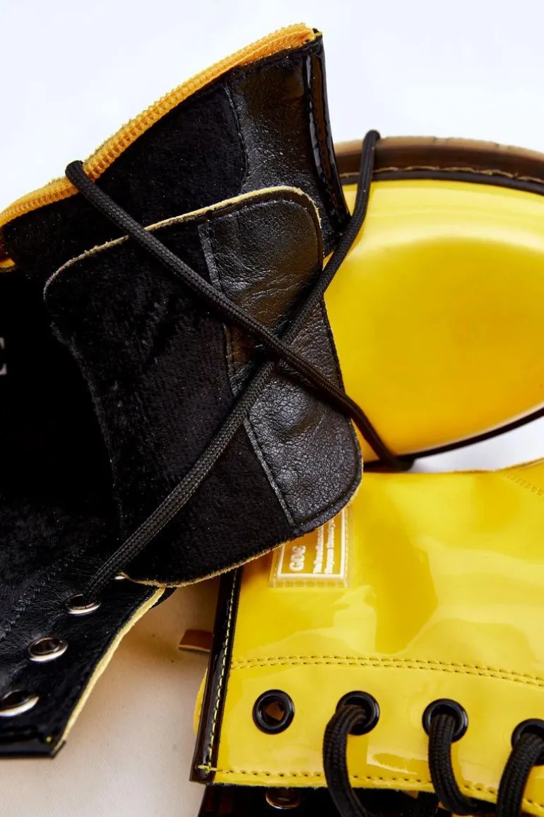 Damskie Lakierowane Botki Ocieplane GOE II2N4054 Żółte