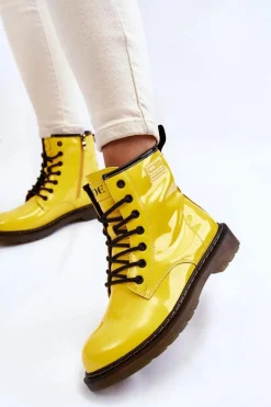 Damskie Lakierowane Botki Ocieplane GOE II2N4054 Żółte