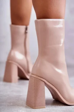 Damskie Lakierowane Botki Kozaki Beżowe Margit