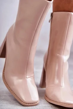 Damskie Lakierowane Botki Kozaki Beżowe Margit