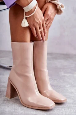 Damskie Lakierowane Botki Kozaki Beżowe Margit