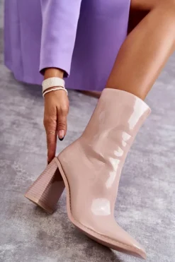 Damskie Lakierowane Botki Kozaki Beżowe Margit