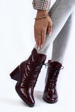 Damskie Lakierowane Botki Na Obcasie Krokodyli Wzór Bordowe Alva