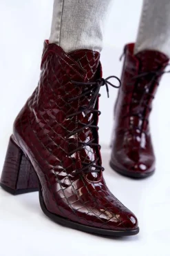 Damskie Lakierowane Botki Na Obcasie Krokodyli Wzór Bordowe Alva