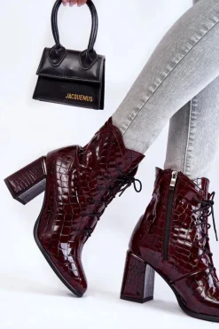 Damskie Lakierowane Botki Na Obcasie Krokodyli Wzór Bordowe Alva