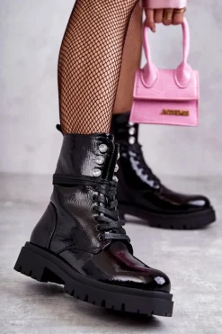 Damskie Lakierowane Botki Workery Z Ozdobami Czarne Gesine