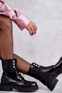 Damskie Lakierowane Botki Workery Z Ozdobami Czarne Gesine