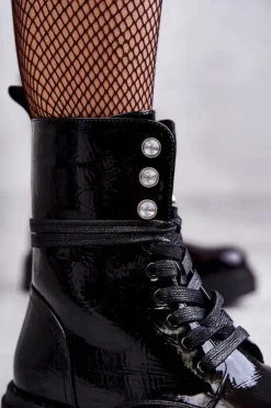 Damskie Lakierowane Botki Workery Z Ozdobami Czarne Gesine