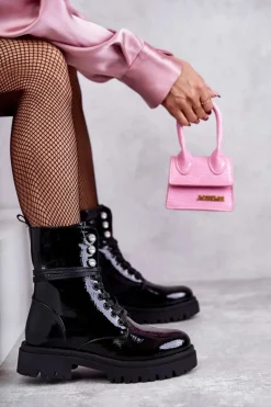 Damskie Lakierowane Botki Workery Z Ozdobami Czarne Gesine