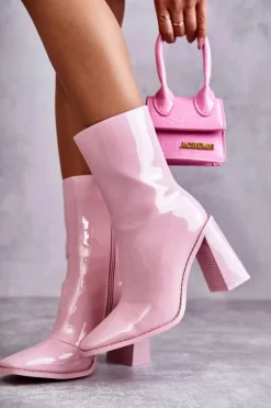 Damskie Lakierowane Botki Kozaki Różowe Margit