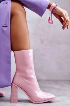 Damskie Lakierowane Botki Kozaki Różowe Margit
