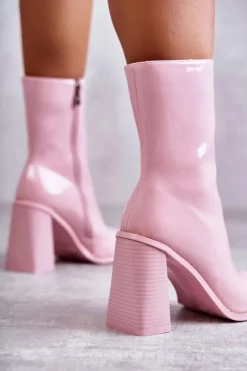 Damskie Lakierowane Botki Kozaki Różowe Margit