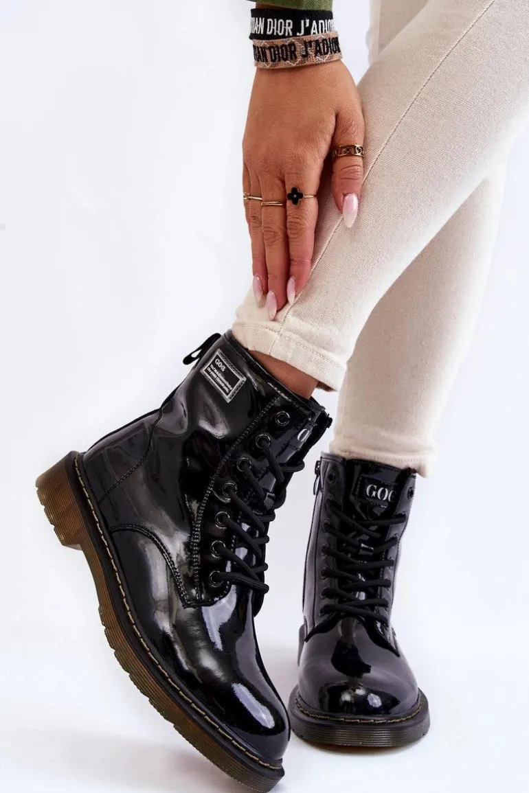 Damskie Lakierowane Botki Ocieplane GOE II2N4050 Czarne