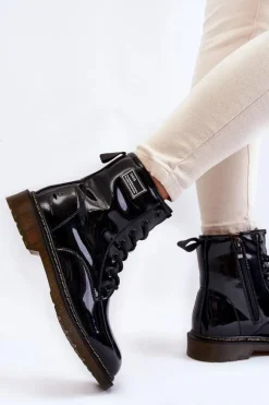 Damskie Lakierowane Botki Ocieplane GOE II2N4050 Czarne