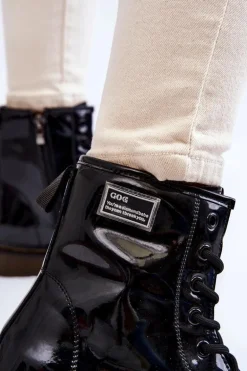 Damskie Lakierowane Botki Ocieplane GOE II2N4050 Czarne