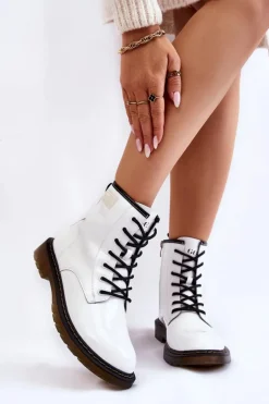 Damskie Lakierowane Botki Ocieplane GOE II2N4051 Białe